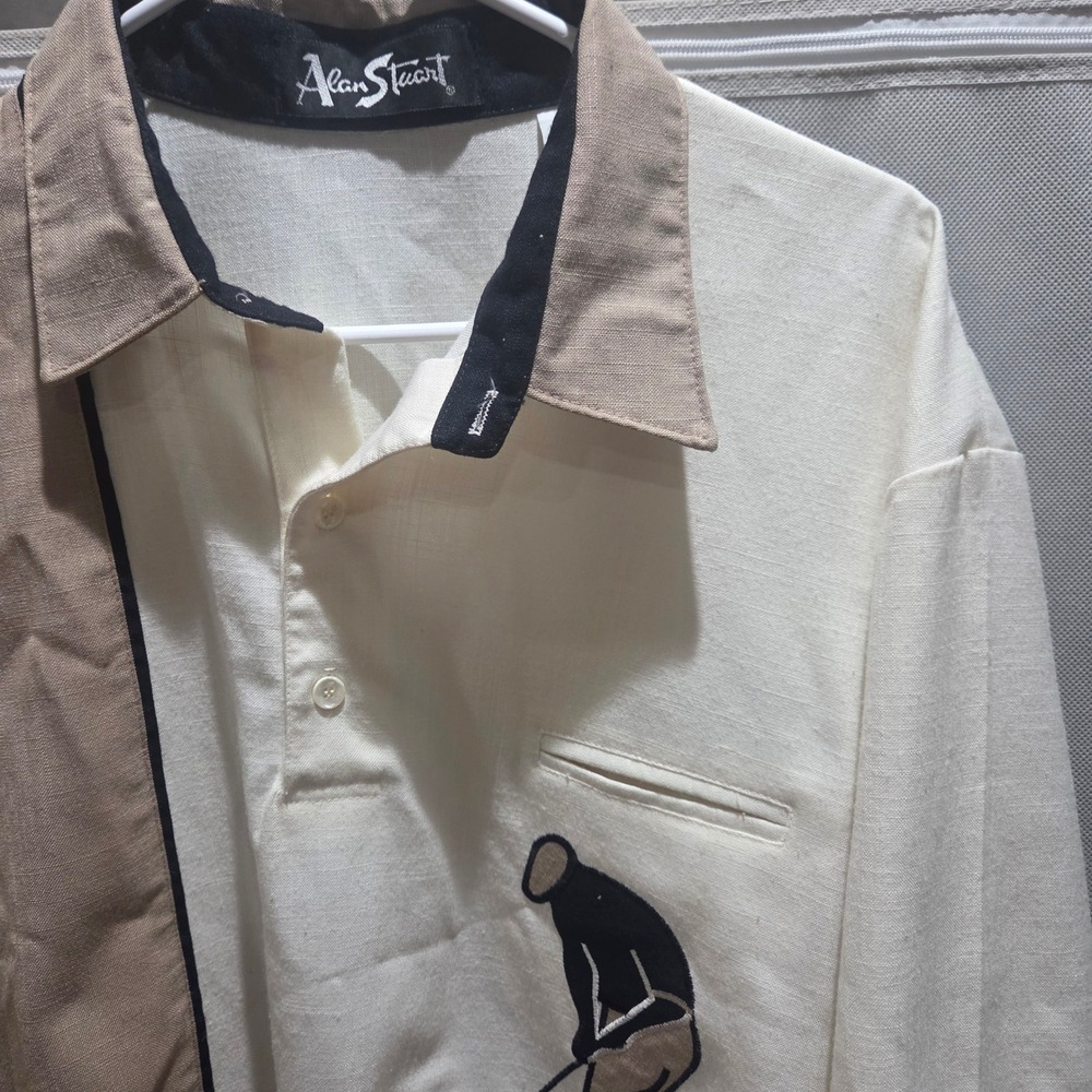 Alan Stuart Mens Vintage Golf Polo Shirt XL Cream Tan Colorblock Made in USA
